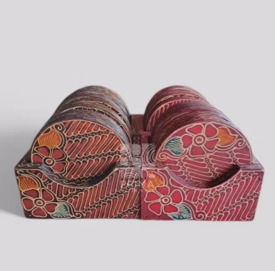 Handmade Batik Wooden Coaster Set of Six, Indonesian Rustic Decor, Ethnic Cultural Tableware Gift