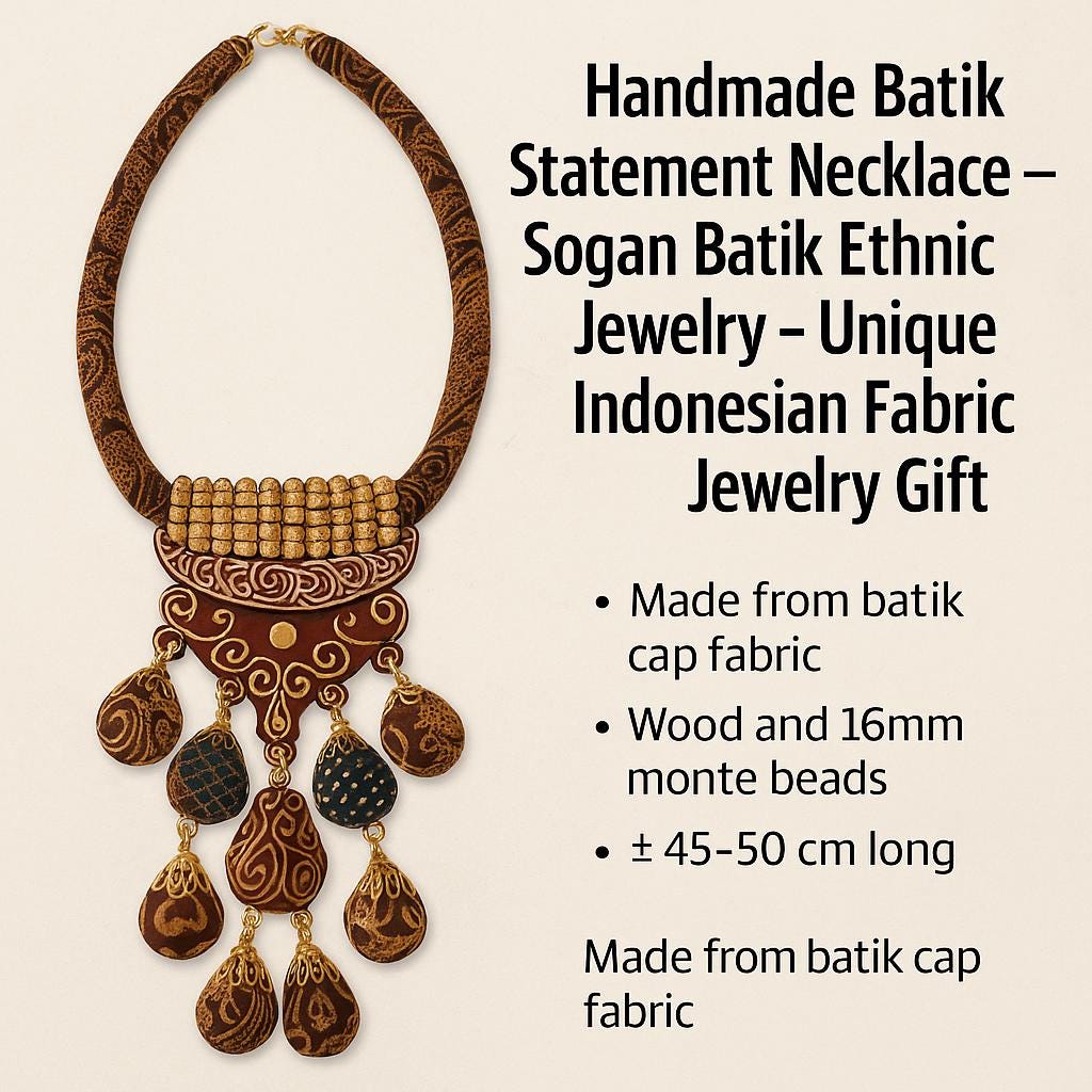 Indonesian Batik Women Necklace | Handmade Ethnic Jewelry | Artisan Boho Wooden Beads Statement Festivals Gifts
