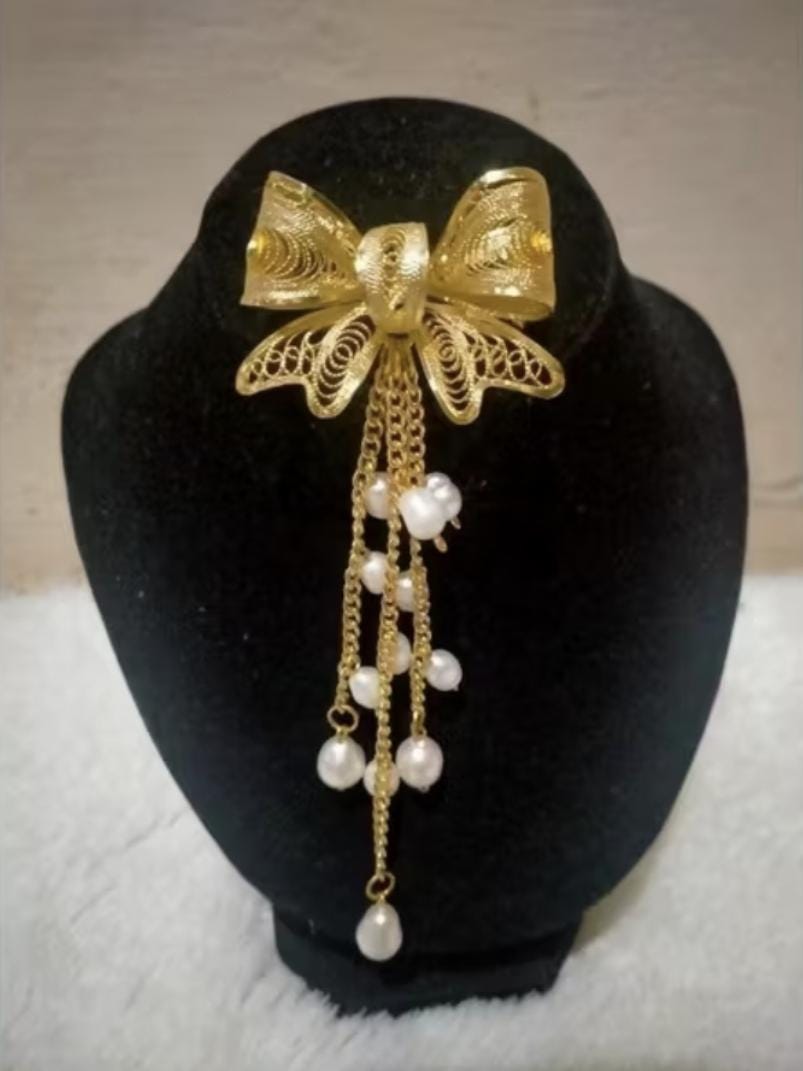 Gold Plated Filigree Brooch Pearl Tassel – Handmade Indonesian Jewelry Pin, Vintage Wedding & Cultural Gift