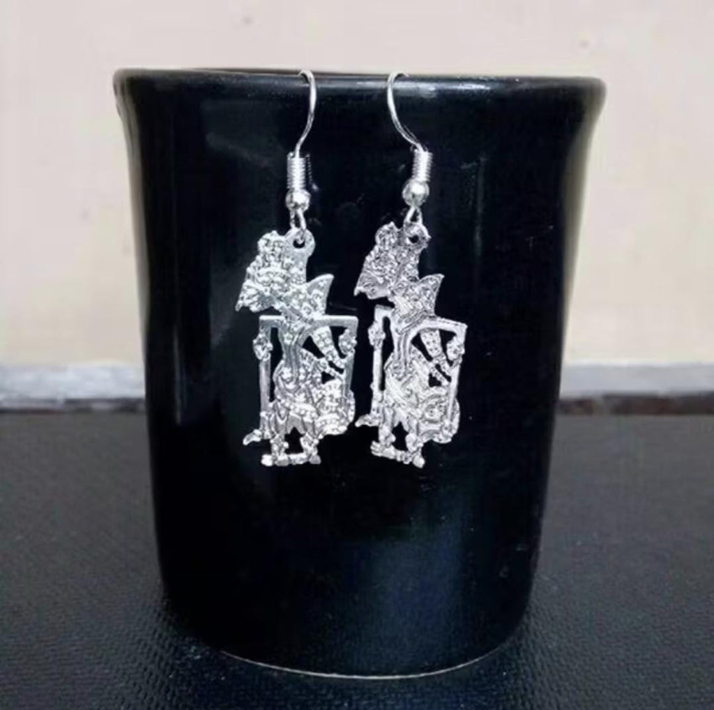 Handmade Wayang Shadow Earrings, Silver Plated Ethnic Jewelry, Bohemian Statement Dangle Earrings for Women