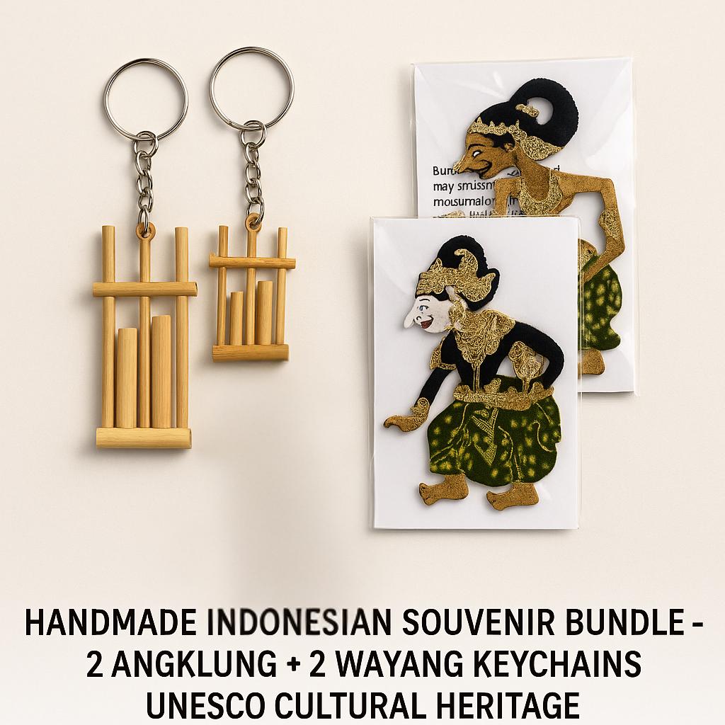 Handmade Indonesian Keychain Set – 2 Angklung & 2 Wayang Puppets – Cultural Souvenir Gift Set – UNESCO Heritage