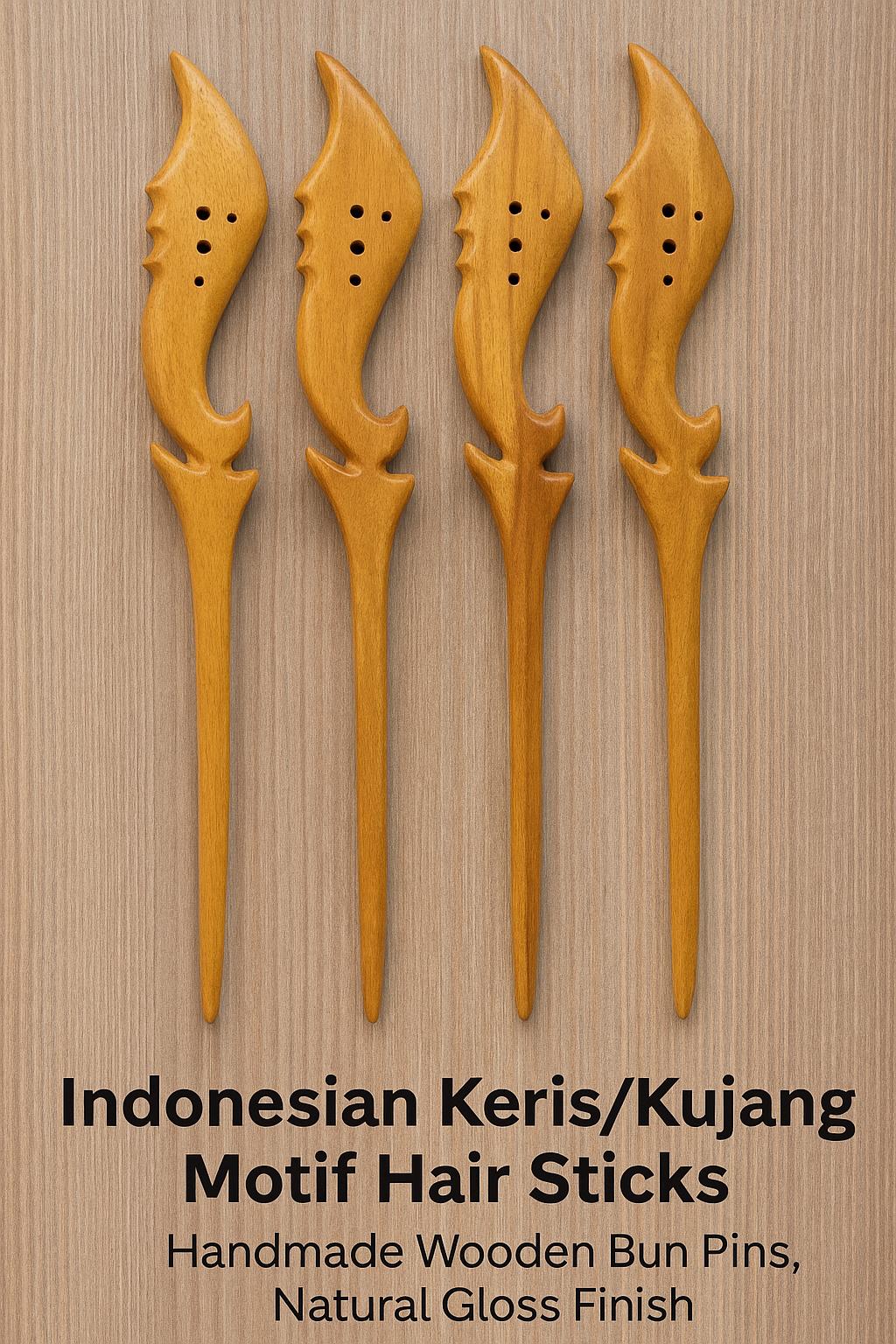 Indonesian Keris Kujang Hair Sticks 3pcs | Handmade Wooden Bun Pins Women | Javanese Ethnic Accessories