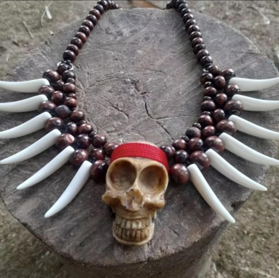 Boho Tribal Skull Claw Necklace | Resin Dayak Tusk Pendant Festival Statement Jewelry