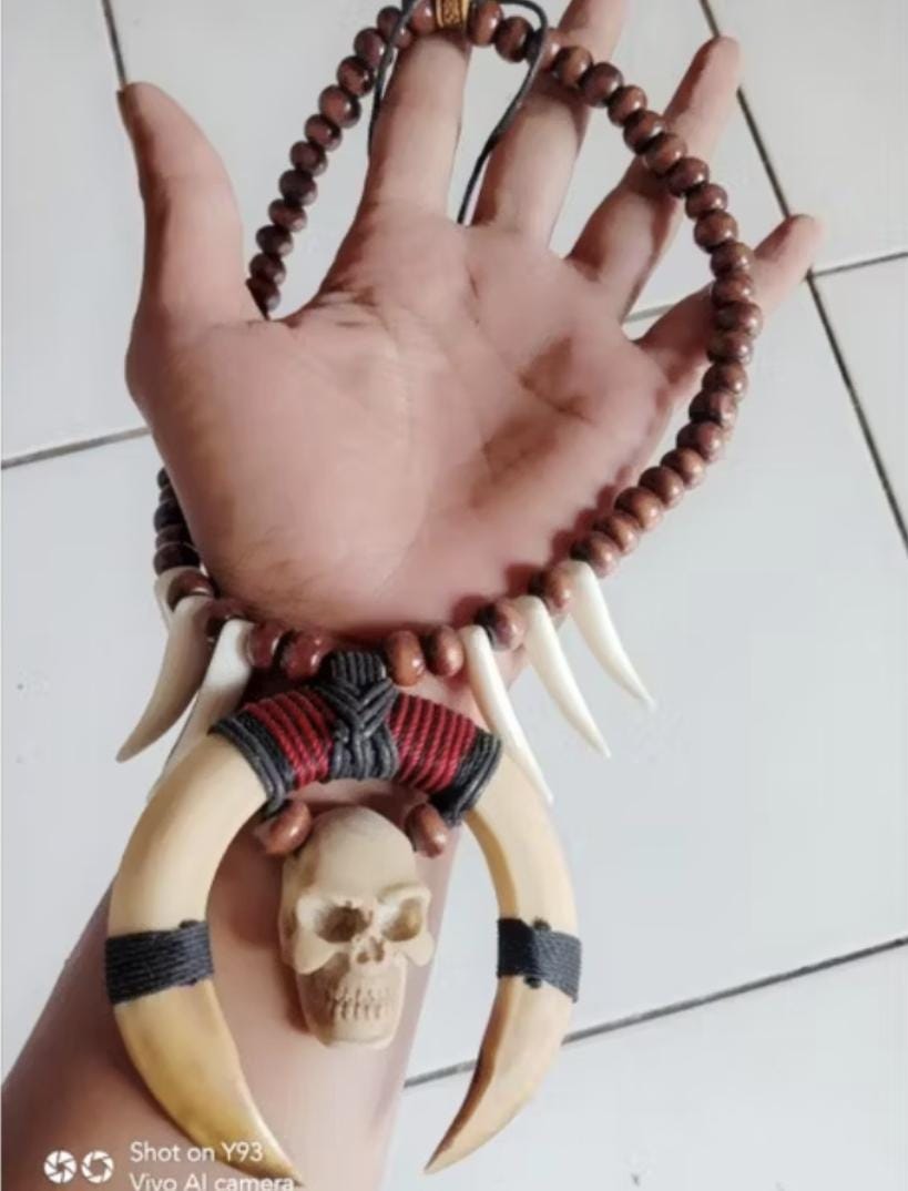 Boho Tribal Skull Claw Necklace | Resin Dayak Tusk Pendant Festival Statement Jewelry