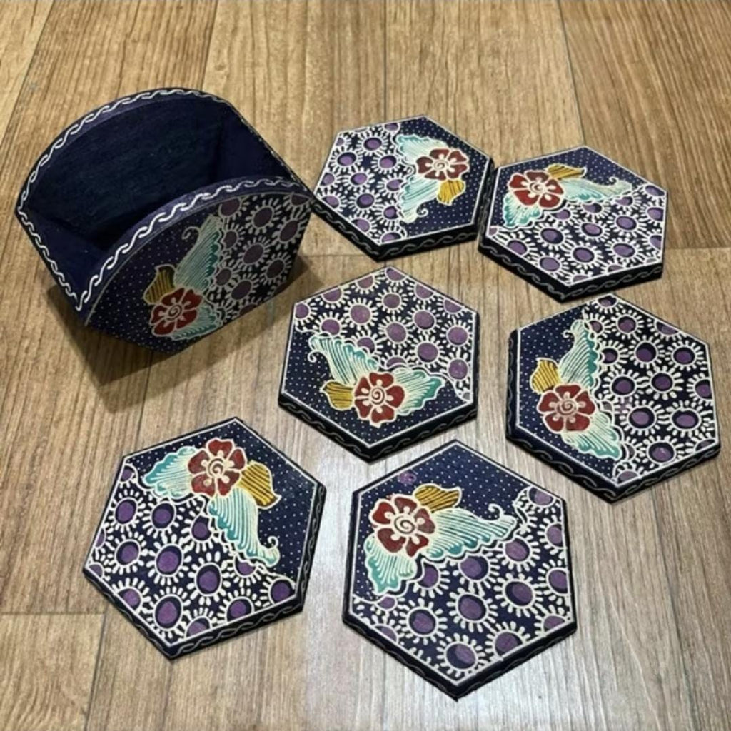 Handmade Batik Wooden Coaster Set of Six, Indonesian Rustic Decor, Ethnic Cultural Tableware Gift