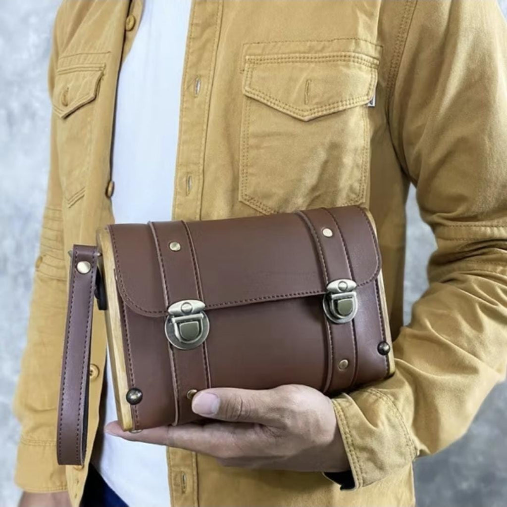 Teak Wood & Leather Crossbody Bag – Handmade Wooden Handbag Satchel (22×15×5 cm)