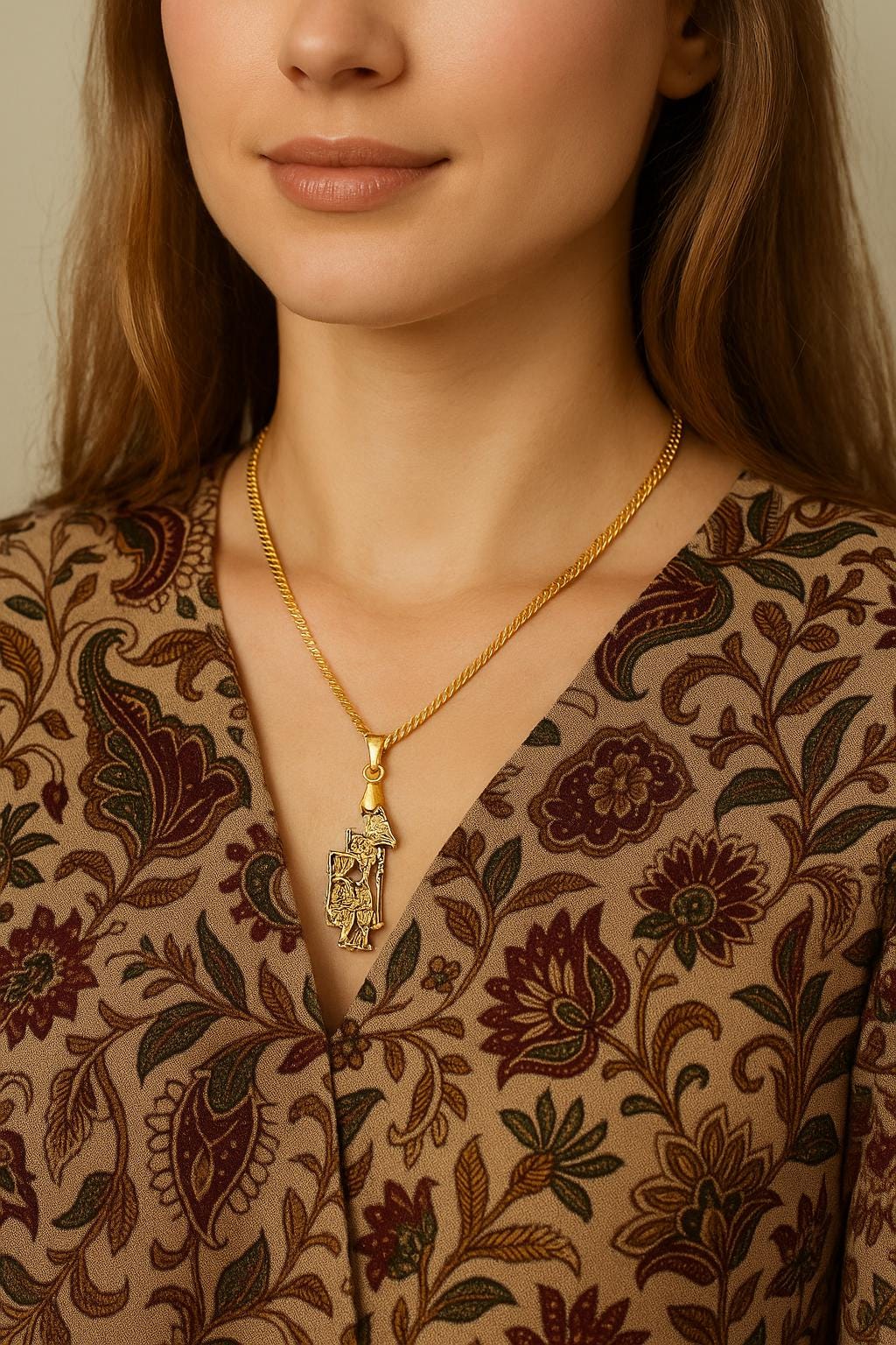 Handmade Ethnic Wayang Pendant Necklace, 18K Plated Cultural Jewelry, Boho Statement Necklace for Gift