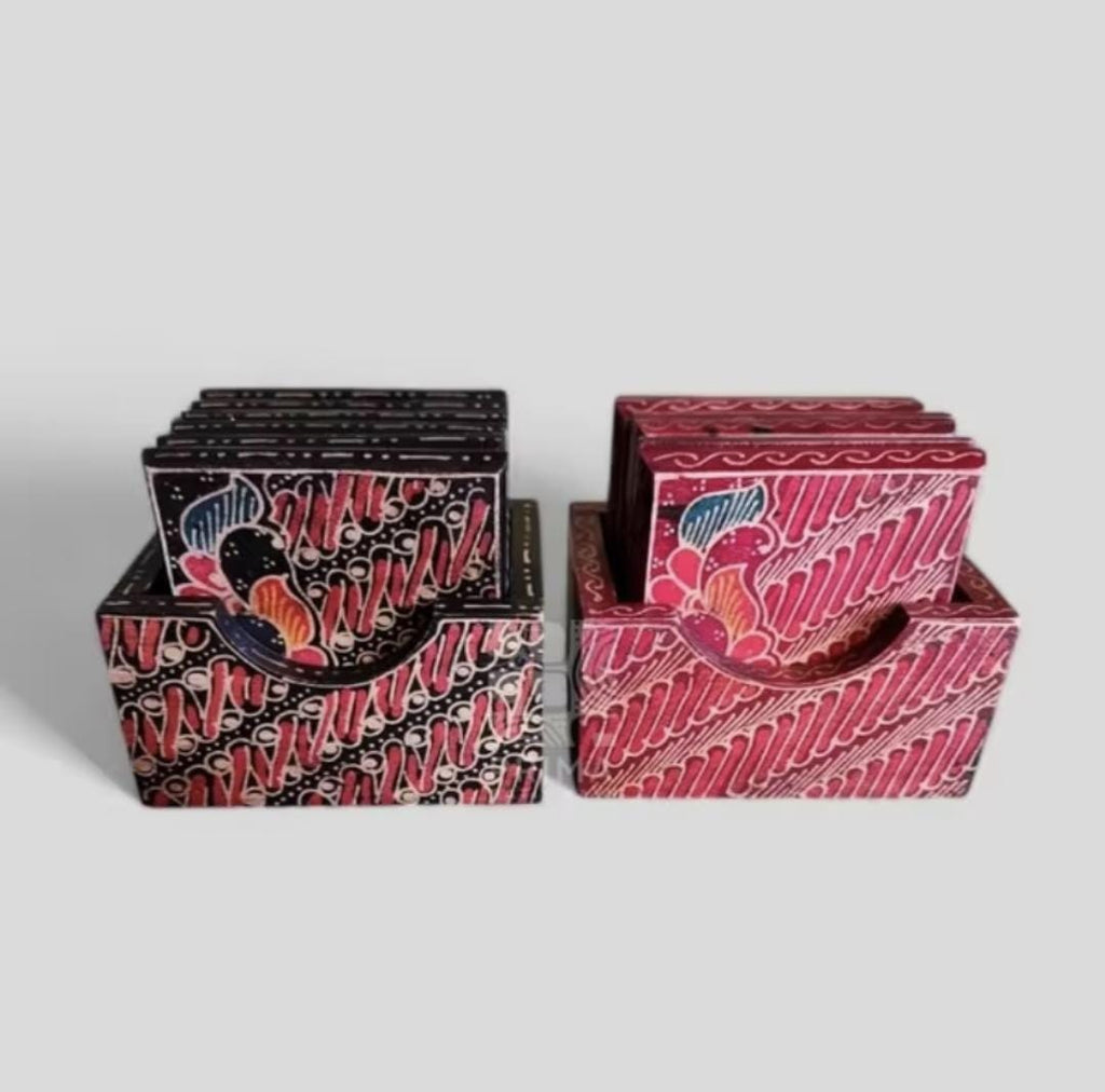 Handmade Batik Wooden Coaster Set of Six, Indonesian Rustic Decor, Ethnic Cultural Tableware Gift