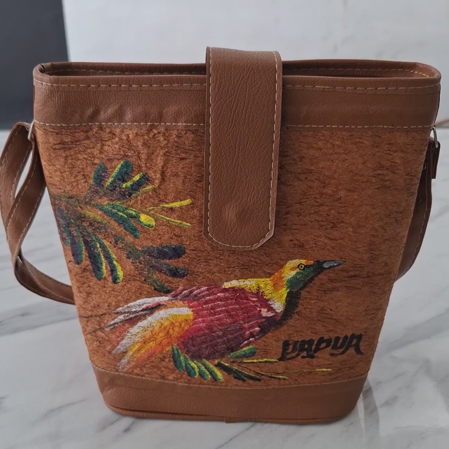 Hand-Painted Bark Cloth Crossbody – Papua Bird-of-Paradise | OOAK Edition 01, 9.4″ × 9.8″, Vegan Leather Trim