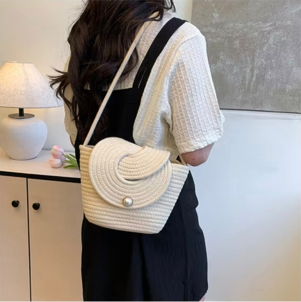 Handmade Boho Cotton Rope Shoulder Bag – Spiral Flap Crossbody, Magnetic Snap, Lightweight Everyday Purse