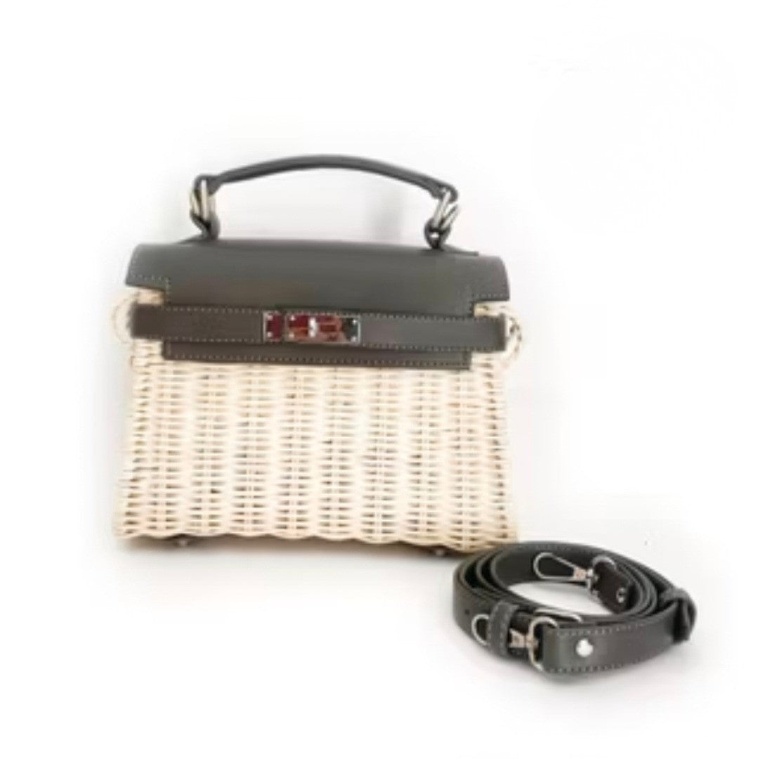 Rattan Wicker Top-Handle Bag – Vegan/Genuine Leather Flap, Basket Purse with Crossbody Strap (≈23×19 cm)
