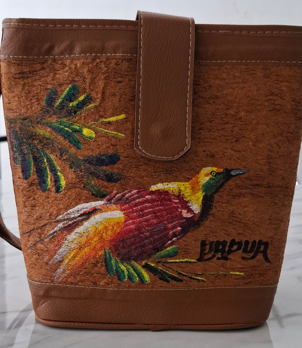 Hand-Painted Bark Cloth Crossbody – Papua Bird-of-Paradise | OOAK Edition 01, 9.4″ × 9.8″, Vegan Leather Trim