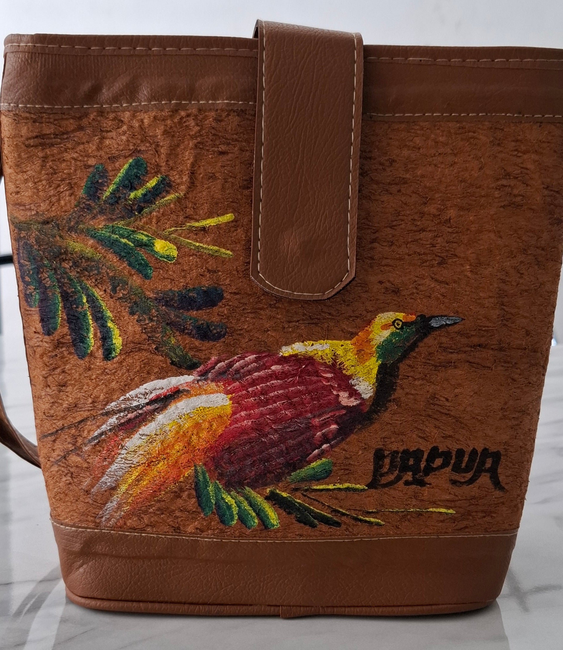 Hand-Painted Bark Cloth Crossbody – Papua Bird-of-Paradise | OOAK Edition 01, 9.4″ × 9.8″, Vegan Leather Trim