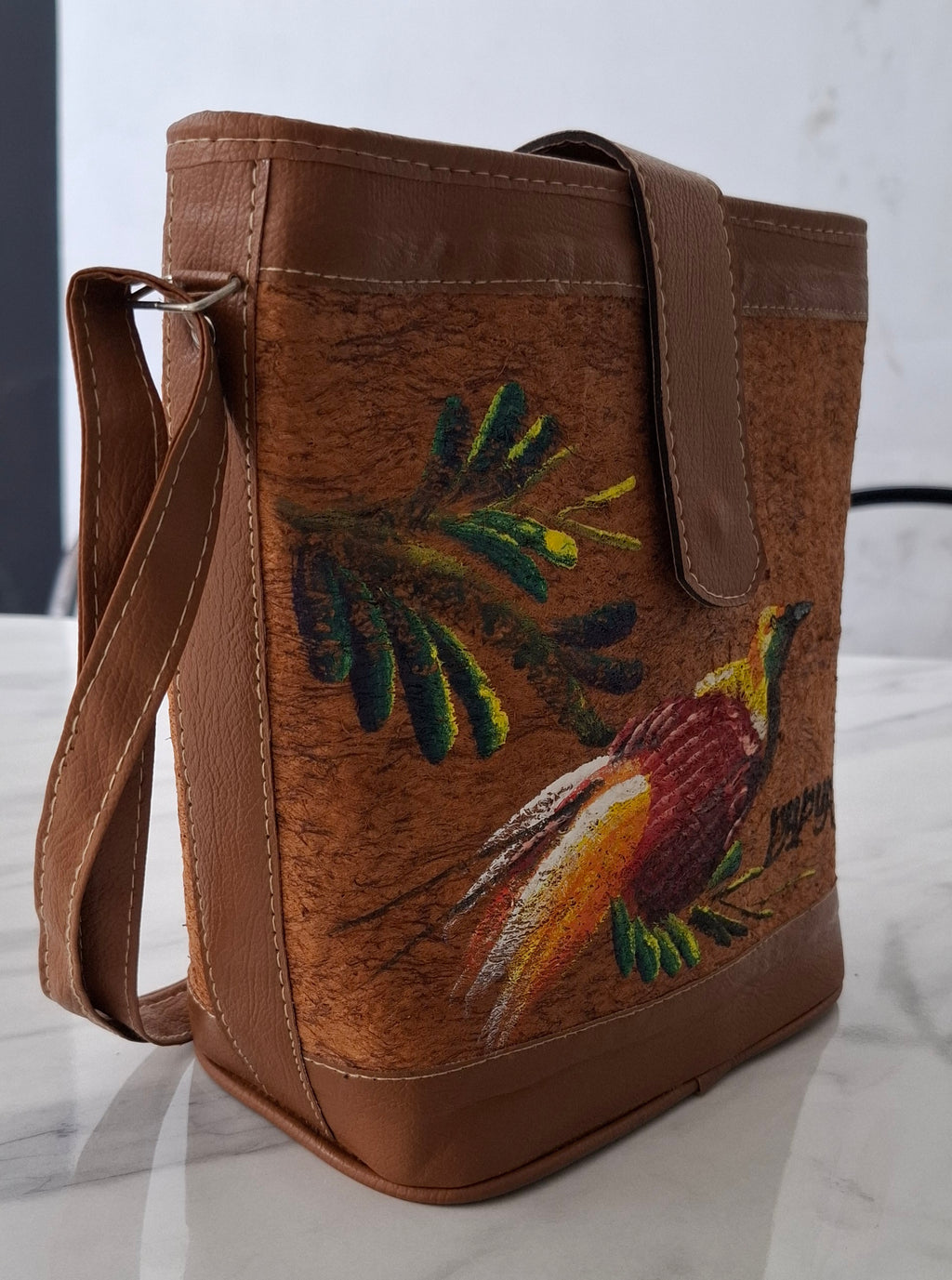 Hand-Painted Bark Cloth Crossbody – Papua Bird-of-Paradise | OOAK Edition 01, 9.4″ × 9.8″, Vegan Leather Trim