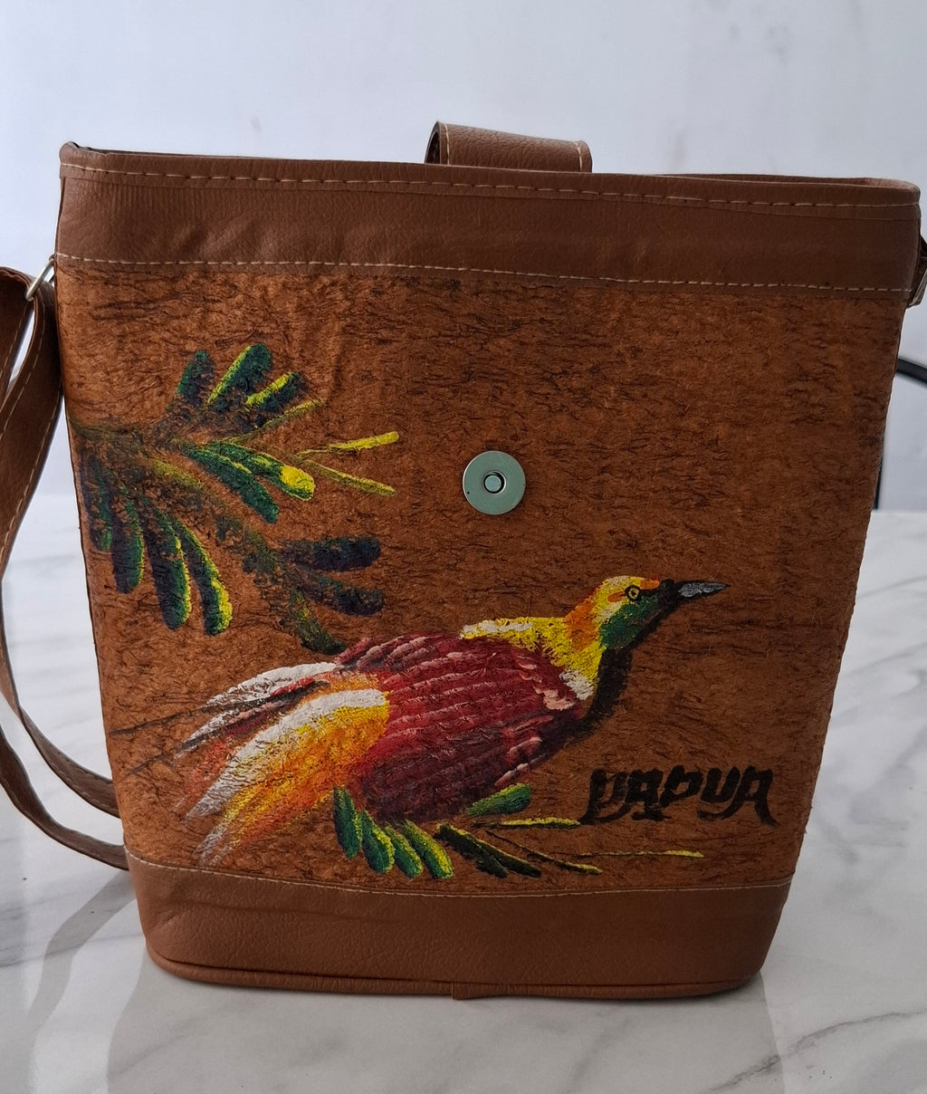 Hand-Painted Bark Cloth Crossbody – Papua Bird-of-Paradise | OOAK Edition 01, 9.4″ × 9.8″, Vegan Leather Trim