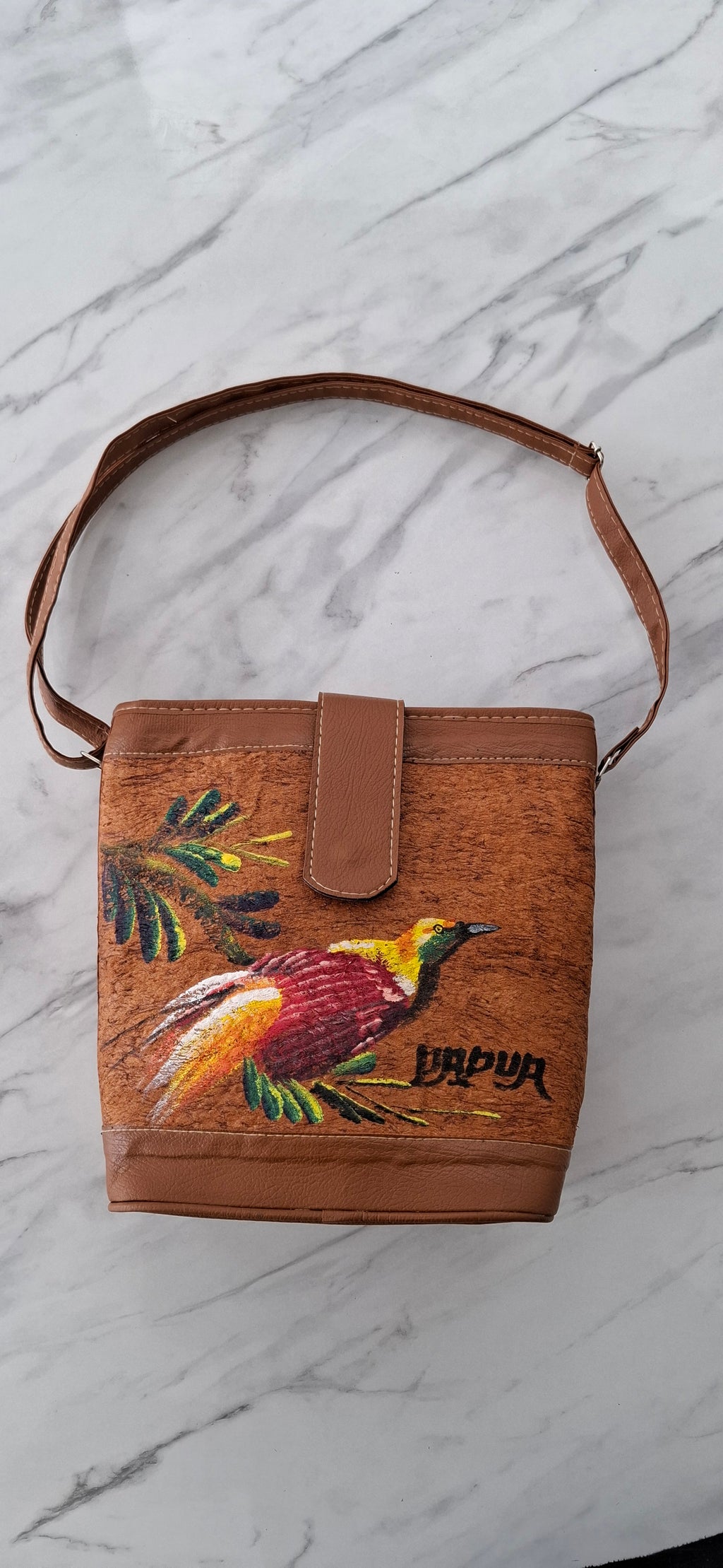 Hand-Painted Bark Cloth Crossbody – Papua Bird-of-Paradise | OOAK Edition 01, 9.4″ × 9.8″, Vegan Leather Trim
