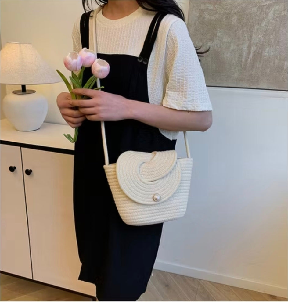 Handmade Boho Cotton Rope Shoulder Bag – Spiral Flap Crossbody, Magnetic Snap, Lightweight Everyday Purse