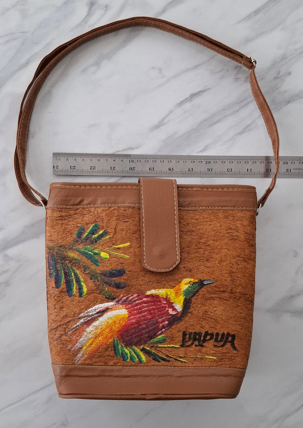 Hand-Painted Bark Cloth Crossbody – Papua Bird-of-Paradise | OOAK Edition 01, 9.4″ × 9.8″, Vegan Leather Trim