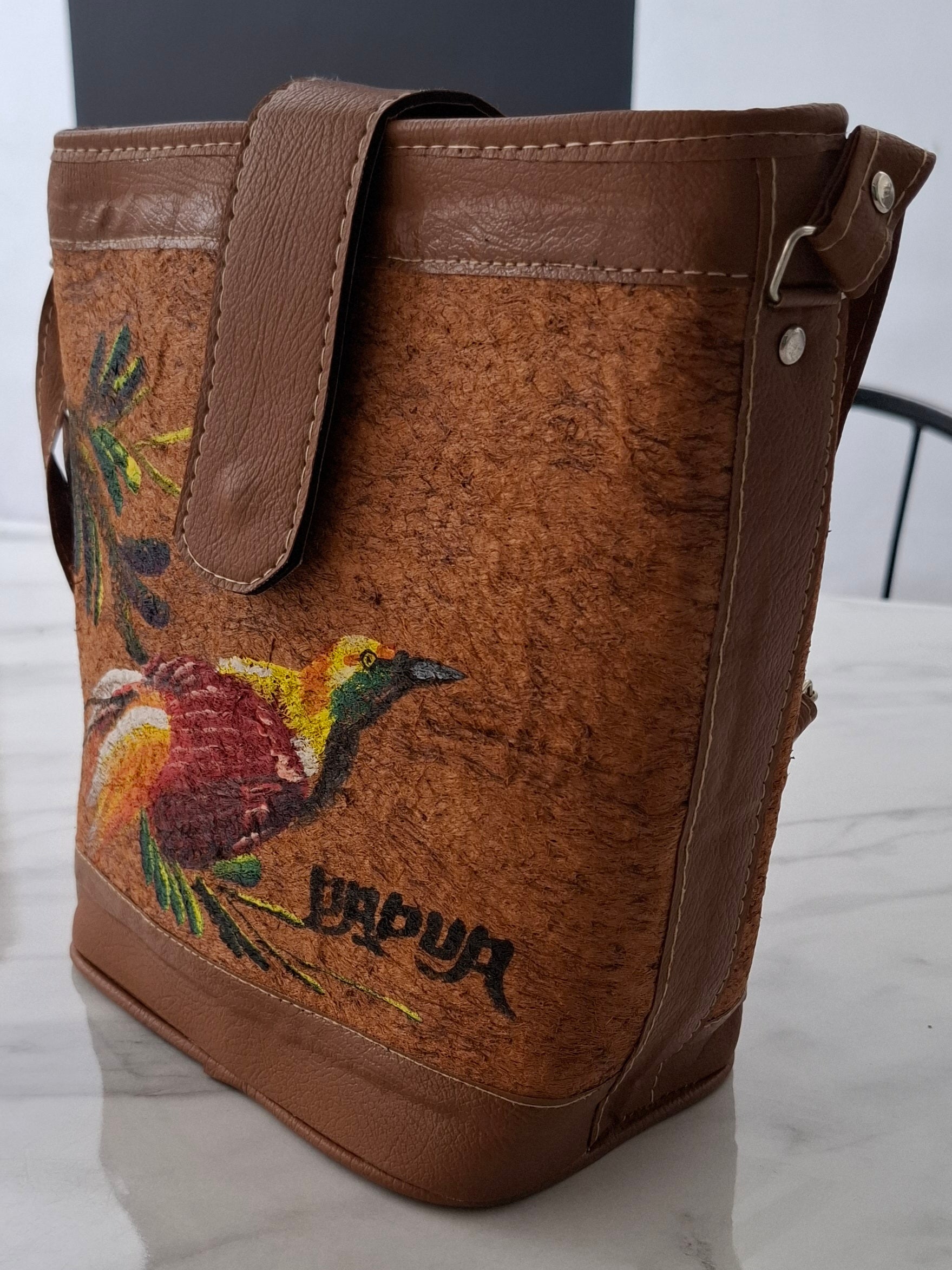 Hand-Painted Bark Cloth Crossbody – Papua Bird-of-Paradise | OOAK Edition 01, 9.4″ × 9.8″, Vegan Leather Trim