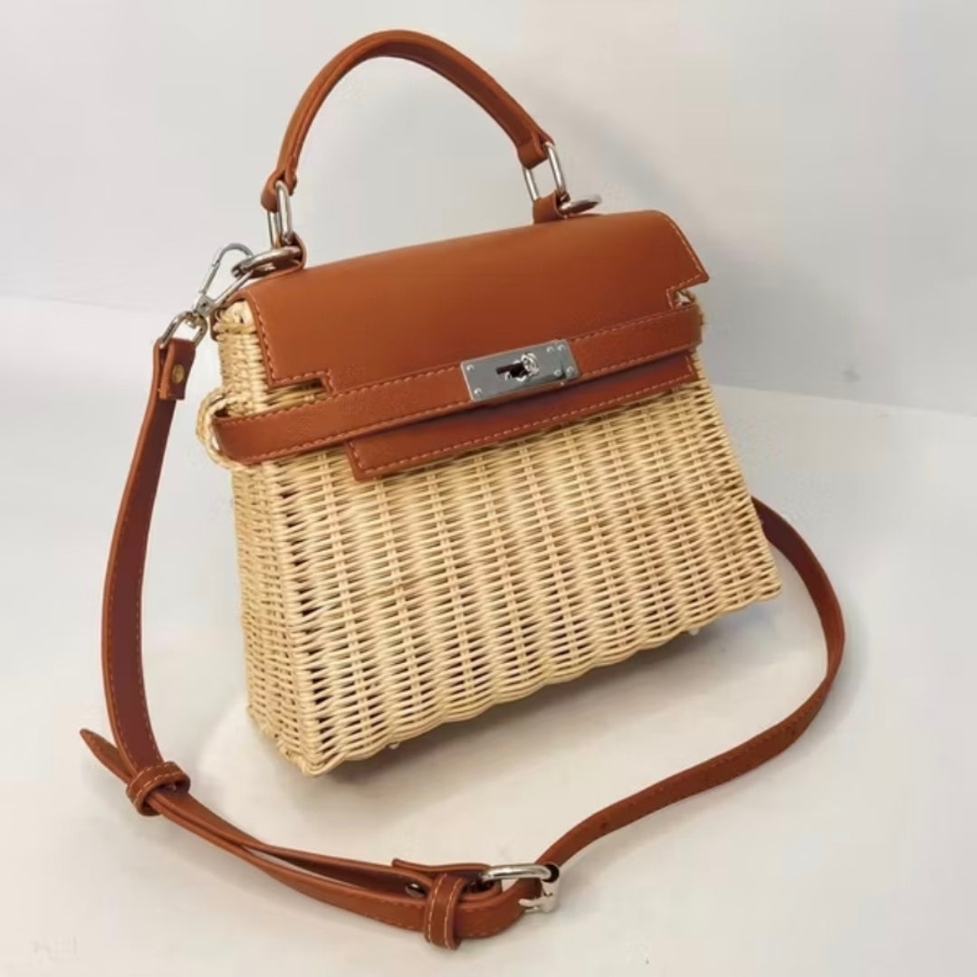 Rattan Wicker Top-Handle Bag – Vegan/Genuine Leather Flap, Basket Purse with Crossbody Strap (≈23×19 cm)