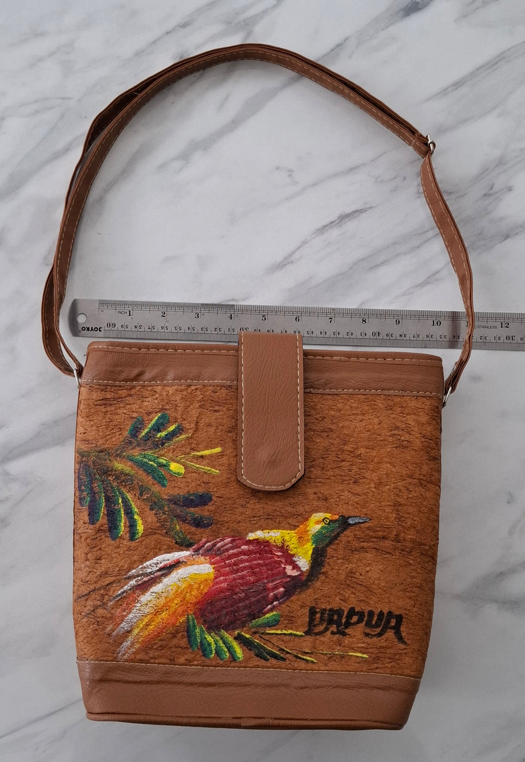 Hand-Painted Bark Cloth Crossbody – Papua Bird-of-Paradise | OOAK Edition 01, 9.4″ × 9.8″, Vegan Leather Trim