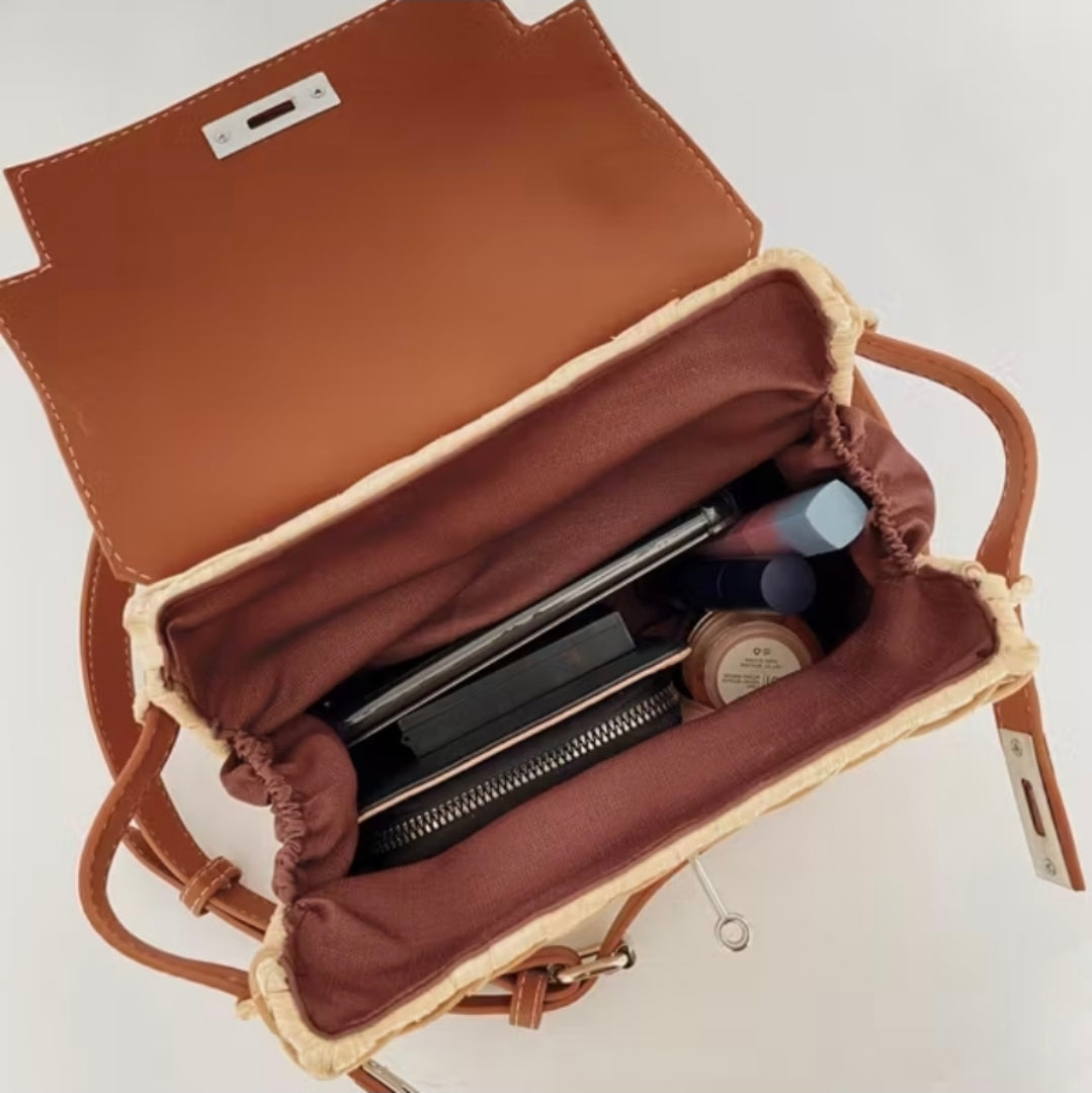 Rattan Wicker Top-Handle Bag – Vegan/Genuine Leather Flap, Basket Purse with Crossbody Strap (≈23×19 cm)