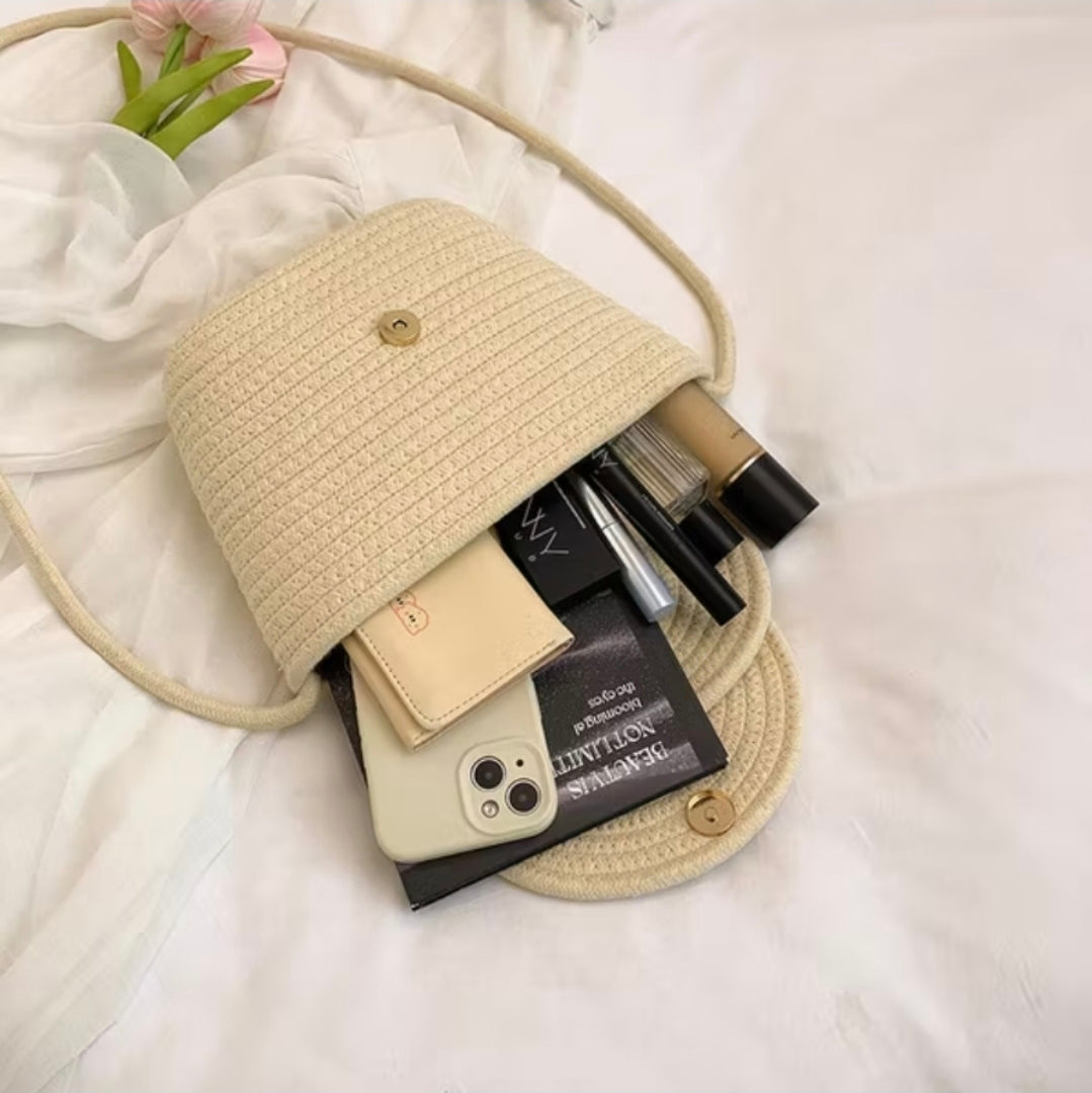 Handmade Boho Cotton Rope Shoulder Bag – Spiral Flap Crossbody, Magnetic Snap, Lightweight Everyday Purse