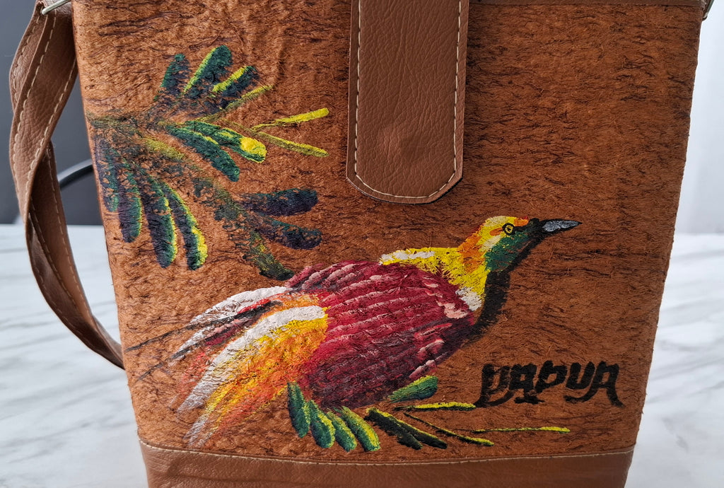 Hand-Painted Bark Cloth Crossbody – Papua Bird-of-Paradise | OOAK Edition 01, 9.4″ × 9.8″, Vegan Leather Trim