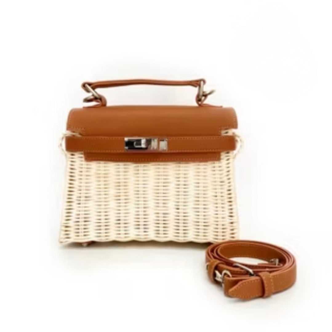 Rattan Wicker Top-Handle Bag – Vegan/Genuine Leather Flap, Basket Purse with Crossbody Strap (≈23×19 cm)