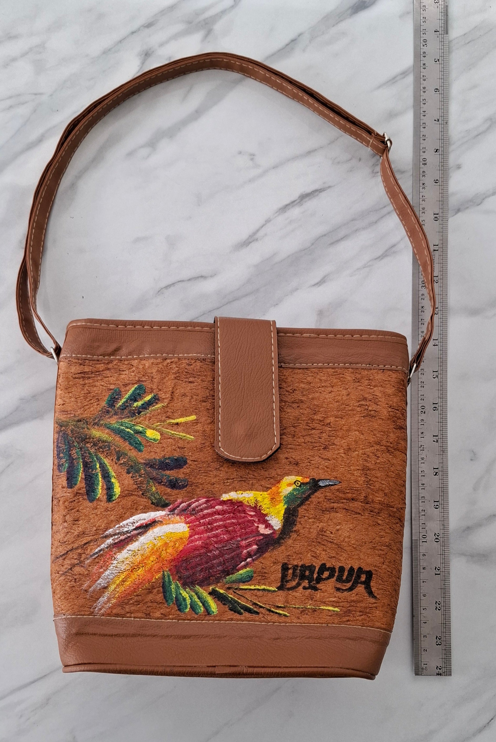 Hand-Painted Bark Cloth Crossbody – Papua Bird-of-Paradise | OOAK Edition 01, 9.4″ × 9.8″, Vegan Leather Trim