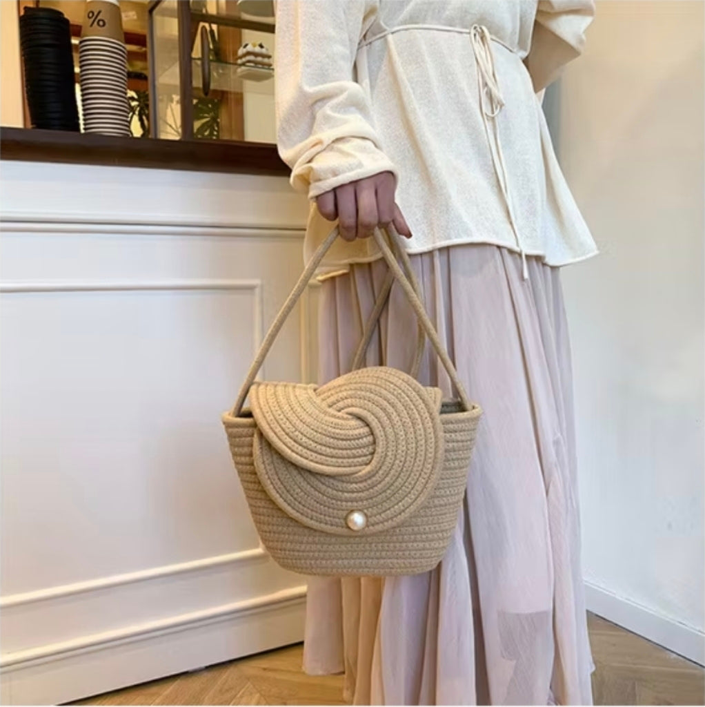 Handmade Boho Cotton Rope Shoulder Bag – Spiral Flap Crossbody, Magnetic Snap, Lightweight Everyday Purse