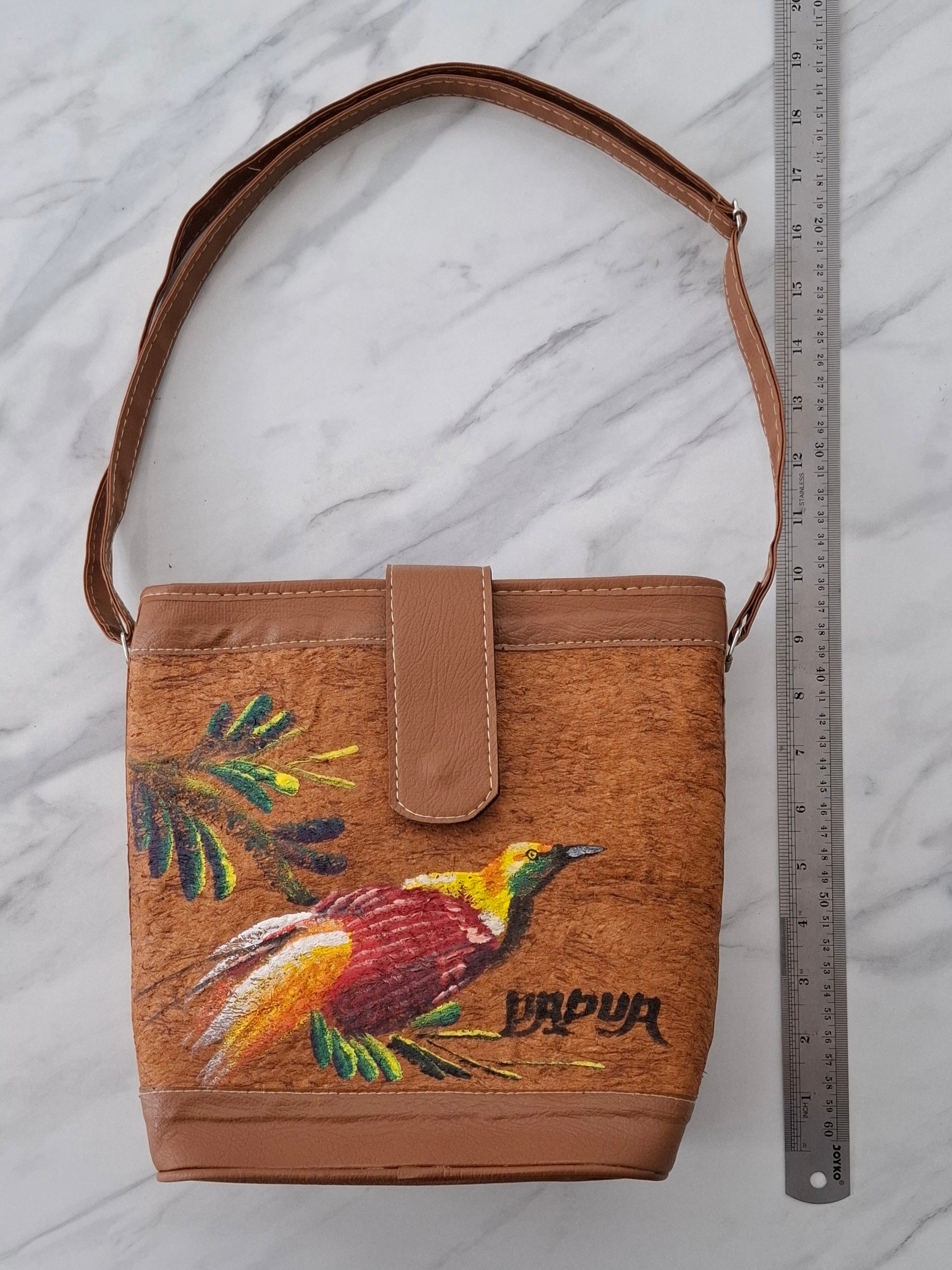 Hand-Painted Bark Cloth Crossbody – Papua Bird-of-Paradise | OOAK Edition 01, 9.4″ × 9.8″, Vegan Leather Trim