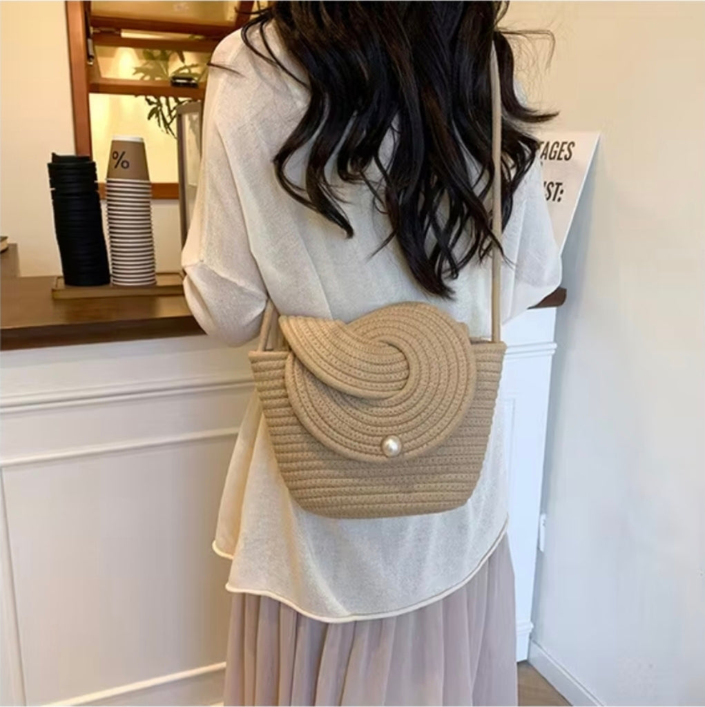 Handmade Boho Cotton Rope Shoulder Bag – Spiral Flap Crossbody, Magnetic Snap, Lightweight Everyday Purse