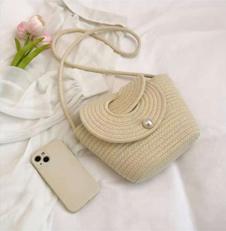 Handmade Boho Cotton Rope Shoulder Bag – Spiral Flap Crossbody, Magnetic Snap, Lightweight Everyday Purse